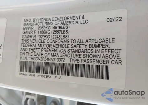 2022 Honda Accord Hybrid Ex-L from USA, damaged, VIN 1HGCV3F54NA013372